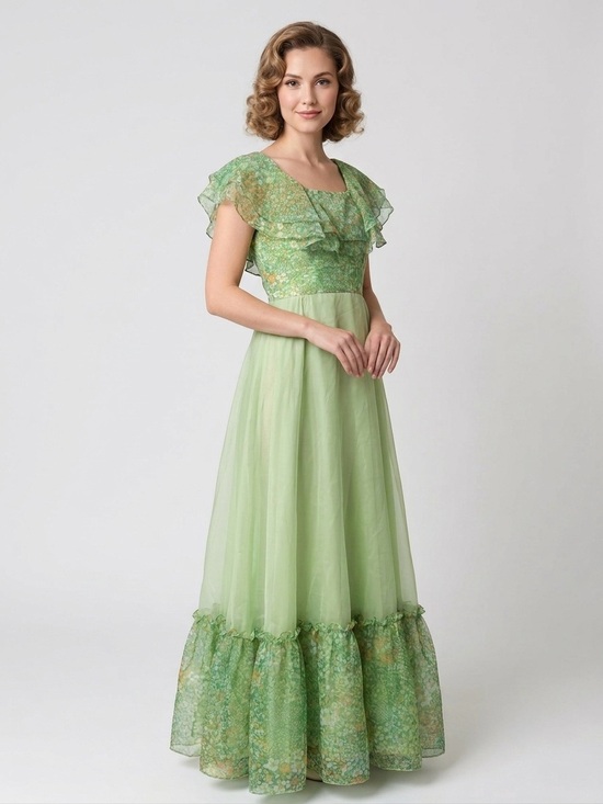 Vintage Dresses & Skirts - Vintage Light Green Ruffle-Trim Maxi Dress